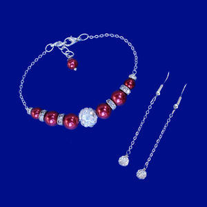 handmade pearl and crystal bar bracelet accompanied by a pair of crystal drop earrings, red or custom color - Bracelet Sets - Bridesmaid Proposal - Pearl Set