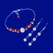 Load image into Gallery viewer, Earring Sets - Pearl Jewelry Set - Bracelet Sets, handmade pearl and crystal bar bracelet accompanied by a pair of crystal drop earrings, bordeaux red or custom color