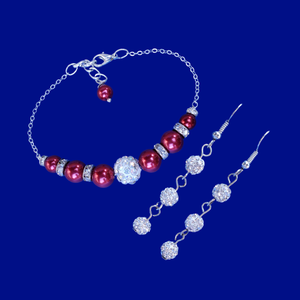 Earring Sets - Pearl Jewelry Set - Bracelet Sets, handmade pearl and crystal bar bracelet accompanied by a pair of crystal drop earrings, bordeaux red or custom color