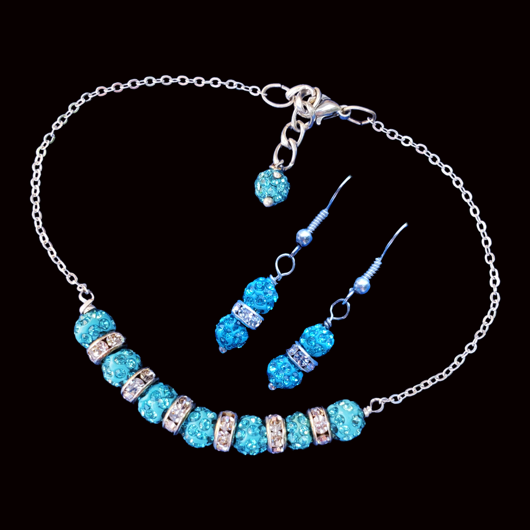 Earring Sets - Bracelet Sets, handmade crystal bar bracelet accompanied by a pair of drop earrings, aquamarine blue or custom color