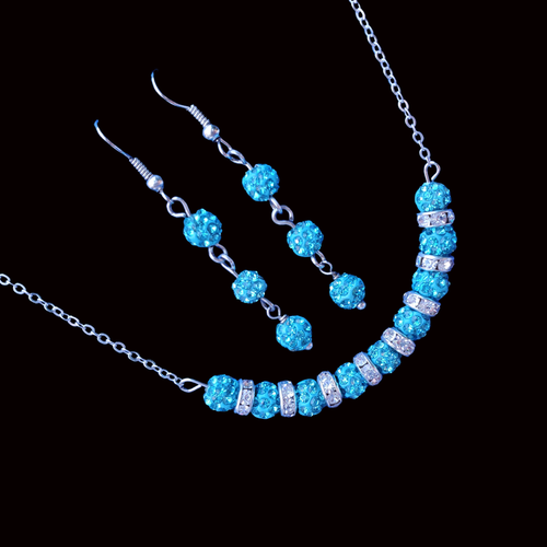 Necklace And Earring Set - Wedding Sets - Necklace Set - crystal bar necklace accompanied by a pair of drop earrings, aquamarine blue or custom color