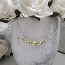 Load image into Gallery viewer, handmade pearl and crystal bar necklace, light green or custom color - Necklaces - Pearl Necklace - Gifts For Bridesmaids
