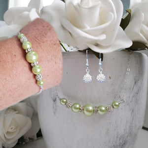 handmade pearl and crystal dainty bar necklace accompanied by a matching bracelet and a pair of dangle crystal earrings, light green or custom color