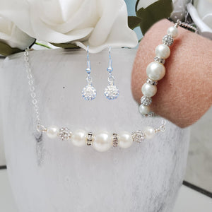 handmade pearl and crystal dainty bar necklace accompanied by a matching bracelet and a pair of dangle crystal earrings, white or custom color
