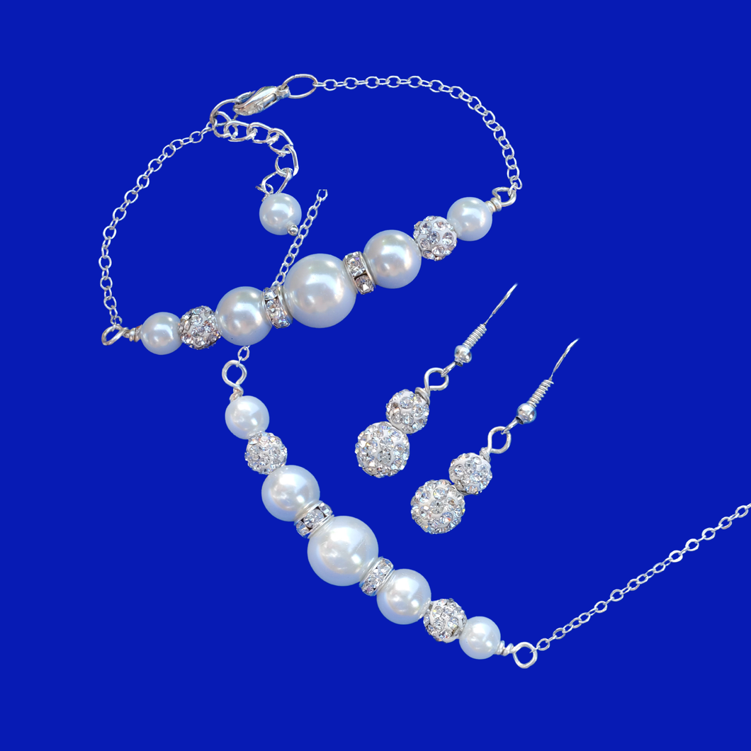 Necklace Set - Pearl Jewelry Set - Jewelry Sets, handmade pearl and crystal bar necklace accompanied by a matching bar bracelet and a pair of crystal drop earrings, white or custom color