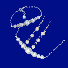 Load image into Gallery viewer, Jewelry Sets - Bridesmaid Jewelry - Bridal Sets - handmade pearl and crystal bar necklace accompanied by a matching bar bracelet and crystal drop earrings, white or custom color