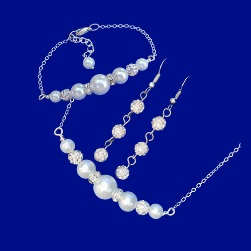 Jewelry Sets - Bridesmaid Jewelry - Bridal Sets - handmade pearl and crystal bar necklace accompanied by a matching bar bracelet and crystal drop earrings, white or custom color