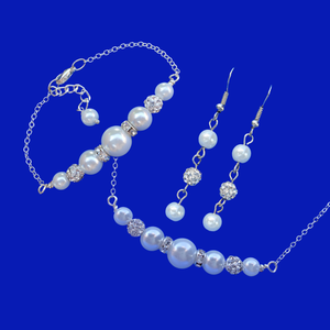 Necklace Set - Pearl Jewelry Set - Jewelry Sets, handmade pearl and crystal bar necklace accompanied by a matching bar bracelet and drop earrings, white or custom color