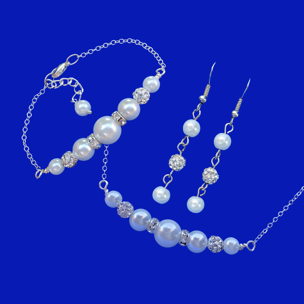 Necklace Set - Pearl Jewelry Set - Jewelry Sets, handmade pearl and crystal bar necklace accompanied by a matching bar bracelet and drop earrings, white or custom color