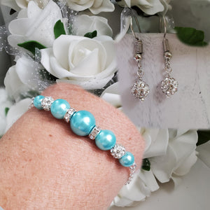 Handmade pearl and crystal dainty bar bracelet accompanied by a pair of dangle crystal earrings - aquamarine blue or custom color - Bracelets Sets - Gift For Bridesmaids - Bridal Sets