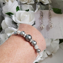 Load image into Gallery viewer, Handmade pearl and crystal dainty bar bracelet accompanied by a pair of dangle crystal earrings - dark grey or custom color - Bracelets Sets - Gift For Bridesmaids - Bridal Sets