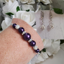 Load image into Gallery viewer, Handmade pearl and crystal dainty bar bracelet accompanied by a pair of dangle crystal earrings - dark purple or custom color - Bracelets Sets - Gift For Bridesmaids - Bridal Sets