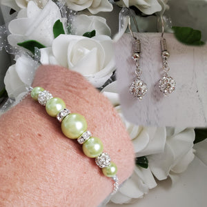 Handmade pearl and crystal dainty bar bracelet accompanied by a pair of dangle crystal earrings - light green or custom color - Bracelets Sets - Gift For Bridesmaids - Bridal Sets