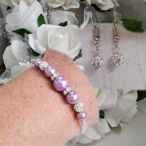 Handmade pearl and crystal dainty bar bracelet accompanied by a pair of dangle crystal earrings - lavender purple or custom color - Bracelets Sets - Gift For Bridesmaids - Bridal Sets