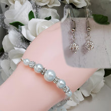 Load image into Gallery viewer, Handmade pearl and crystal dainty bar bracelet accompanied by a pair of dangle crystal earrings - white or custom color - Bracelets Sets - Gift For Bridesmaids - Bridal Sets