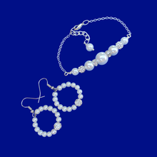Load image into Gallery viewer, Pearl Set - Bracelet Sets - Wedding Sets, handmade pearl and crystal bar necklace accompanied by a matching bar bracelet and a pair of hoop earrings, white or custom color
