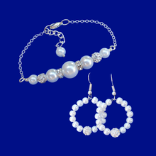Load image into Gallery viewer, Pearl Set - Bracelet Sets - Wedding Sets, handmade pearl and crystal bar necklace accompanied by a matching bar bracelet and a pair of hoop earrings, white or custom color