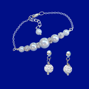 Pearl Set - Bracelet Set - Maid of Honor Gifts - pearl and crystal bar bracelet accompanied by a pair of crystal stud earrings, white and silver or custom color