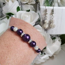 Load image into Gallery viewer, Handmade pearl and crystal bar bracelet accompanied by a pair of crystal drop earrings - dark purple or custom color - Bracelet Set - Bridesmaid Proposal Ideas