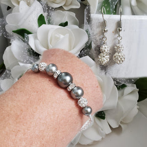 Handmade pearl and crystal bar bracelet accompanied by a pair of crystal drop earrings - dark grey or custom color - Bracelet Set - Bridesmaid Proposal Ideas