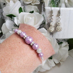 Handmade pearl and crystal bar bracelet accompanied by a pair of crystal drop earrings - lavender purple or custom color - Bracelet Set - Bridesmaid Proposal Ideas
