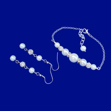 Load image into Gallery viewer, Earring Sets - Pearl Jewelry Set - Bracelet Sets, pearl and crystal dainty bar bracelet accompanied by a pair of drop earrings, white or custom color