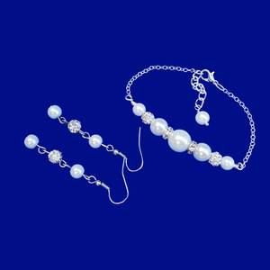 Earring Sets - Pearl Jewelry Set - Bracelet Sets, pearl and crystal dainty bar bracelet accompanied by a pair of drop earrings, white or custom color
