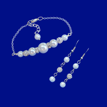 Load image into Gallery viewer, Earring Sets - Pearl Jewelry Set - Bracelet Sets, handmade pearl and crystal dainty bar bracelet accompanied by a pair of drop earrings, white or custom color