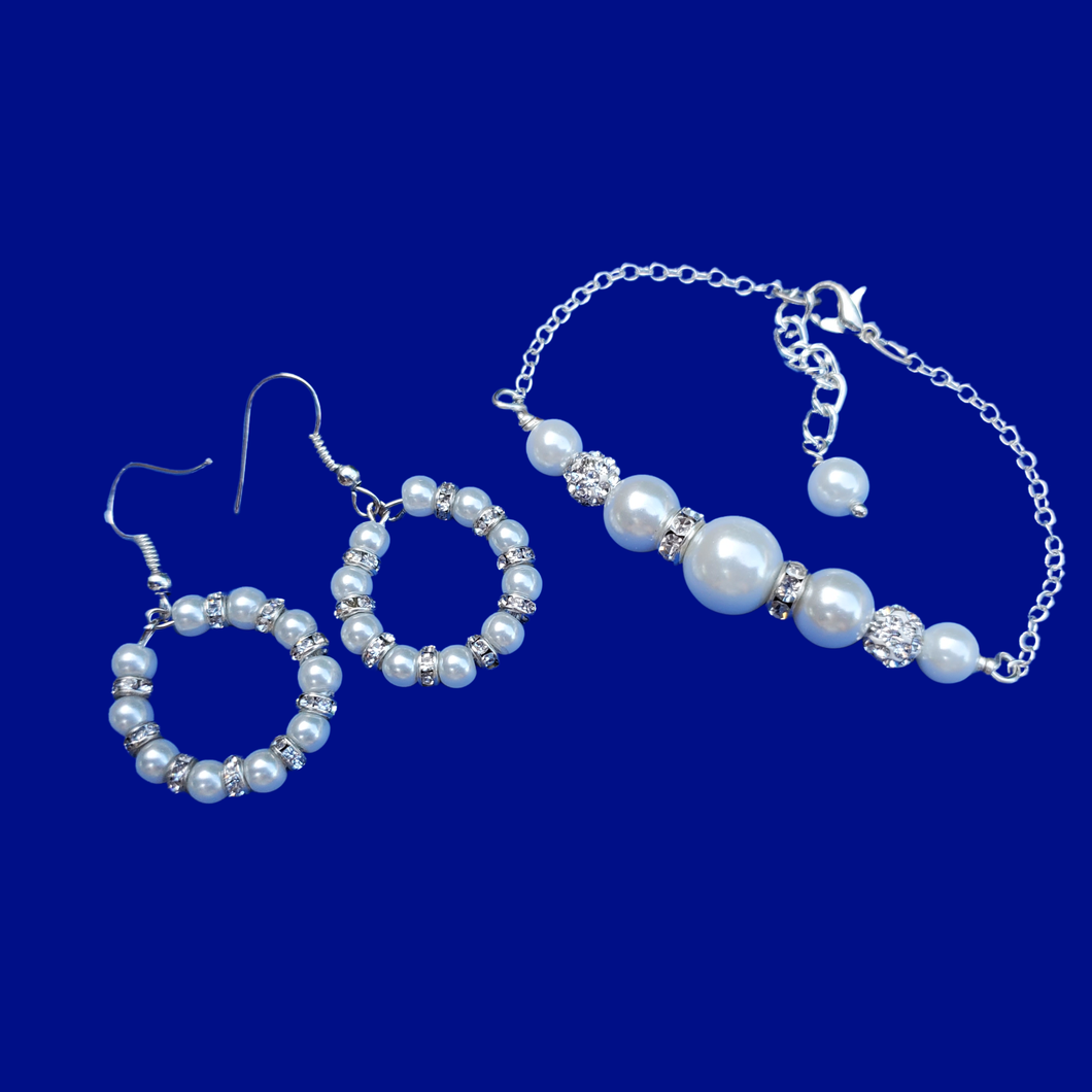 Bracelet Sets - Pearl Set - Gifts For Bridesmaids - handmade pearl and crystal bar bracelet accompanied by a pair of hoop earrings, white or custom color