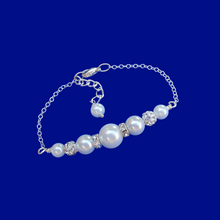 Load image into Gallery viewer, handmade pearl and crystal bar bracelet, white and silver or custom color