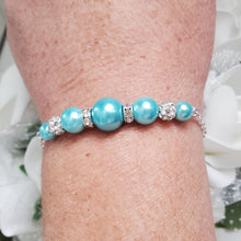 Load image into Gallery viewer, Handmade pearl and crystal bar bracelet, aquamarine blue or custom color - Pearl Bracelet - Dainty Bracelets - Bracelets