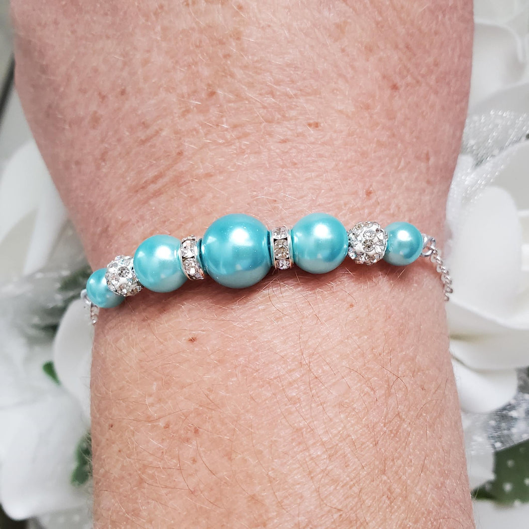 Handmade pearl and crystal bar bracelet, aquamarine blue or custom color - Pearl Bracelet - Dainty Bracelets - Bracelets