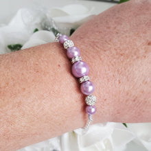 Load image into Gallery viewer, Handmade pearl and crystal bar bracelet, lavender purple or custom color - Pearl Bracelet - Dainty Bracelets - Bracelets