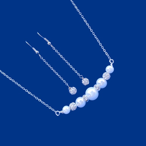  handmade pearl and crystal bar necklace accompanied by a pair of crystal drop earrings, white or custom color - Necklace And Earring Set - Bridesmaid Proposal