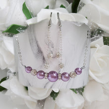 Load image into Gallery viewer, Handmade pearl and crystal bar necklace accompanied by a pair of multi-strand pave crystal rhinestone drop earrings - lavender purple or custom color - Necklace Earring Jewelry Set - Pearl Necklace Set
