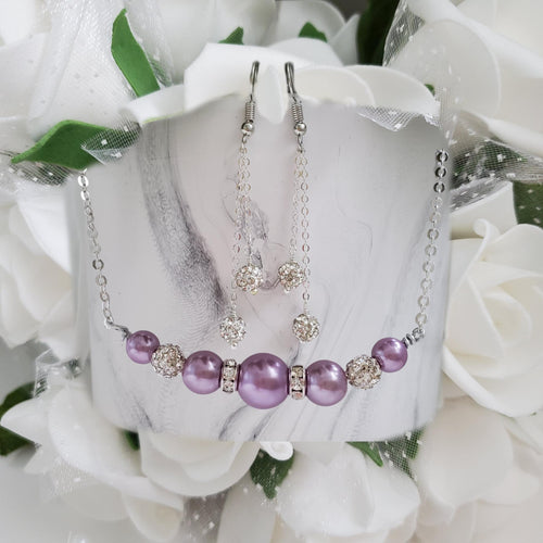 Handmade pearl and crystal bar necklace accompanied by a pair of multi-strand pave crystal rhinestone drop earrings - lavender purple or custom color - Necklace Earring Jewelry Set - Pearl Necklace Set
