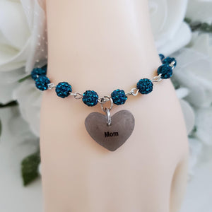 Handmade pave crystal rhinestone mom charm bracelet - blue zircon or custom color - Mother Bracelet - Mom Bracelet - Mother Jewelry