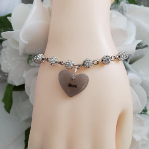 Handmade pave crystal rhinestone mom charm bracelet - silver clear or custom color - Mother Bracelet - Mom Bracelet - Mother Jewelry
