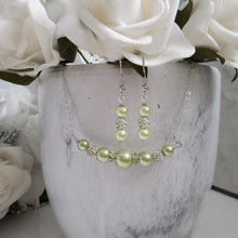 Load image into Gallery viewer, Handmade pearl and crystal bar necklace accompanied by a pair of dangling drop earrings - Light Green or custom color - Pearl Set - Necklace Set - Bridal Jewelry