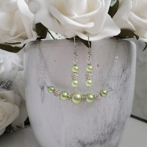 Handmade pearl and crystal bar necklace accompanied by a pair of dangling drop earrings - Light Green or custom color - Pearl Set - Necklace Set - Bridal Jewelry