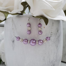 Load image into Gallery viewer, Handmade pearl and crystal bar necklace accompanied by a pair of dangling drop earrings - Lavender purple or custom color - Pearl Set - Necklace Set - Bridal Jewelry