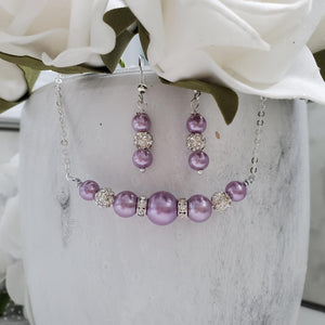 Handmade pearl and crystal bar necklace accompanied by a pair of dangling drop earrings - Lavender purple or custom color - Pearl Set - Necklace Set - Bridal Jewelry