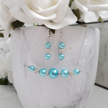 Load image into Gallery viewer, Handmade pearl and crystal bar necklace accompanied by a pair of dangling drop earrings - Aquamarine blue or custom color - Pearl Set - Necklace Set - Bridal Jewelry