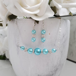 Handmade pearl and crystal bar necklace accompanied by a pair of dangling drop earrings - Aquamarine blue or custom color - Pearl Set - Necklace Set - Bridal Jewelry