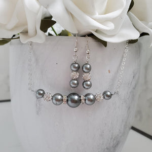 Handmade pearl and crystal bar necklace accompanied by a pair of dangling drop earrings - Dark grey or custom color - Pearl Set - Necklace Set - Bridal Jewelry