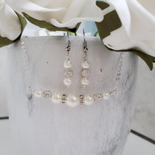 Load image into Gallery viewer, Handmade pearl and crystal bar necklace accompanied by a pair of dangling drop earrings - White or custom color - Pearl Set - Necklace Set - Bridal Jewelry