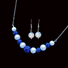 Load image into Gallery viewer, Necklace And Earring Set - Pearl Set - Bridesmaid Gift - handmade pearl and crystal bar necklace accompanied by a pair of pearl earrings, white and blue or custom color