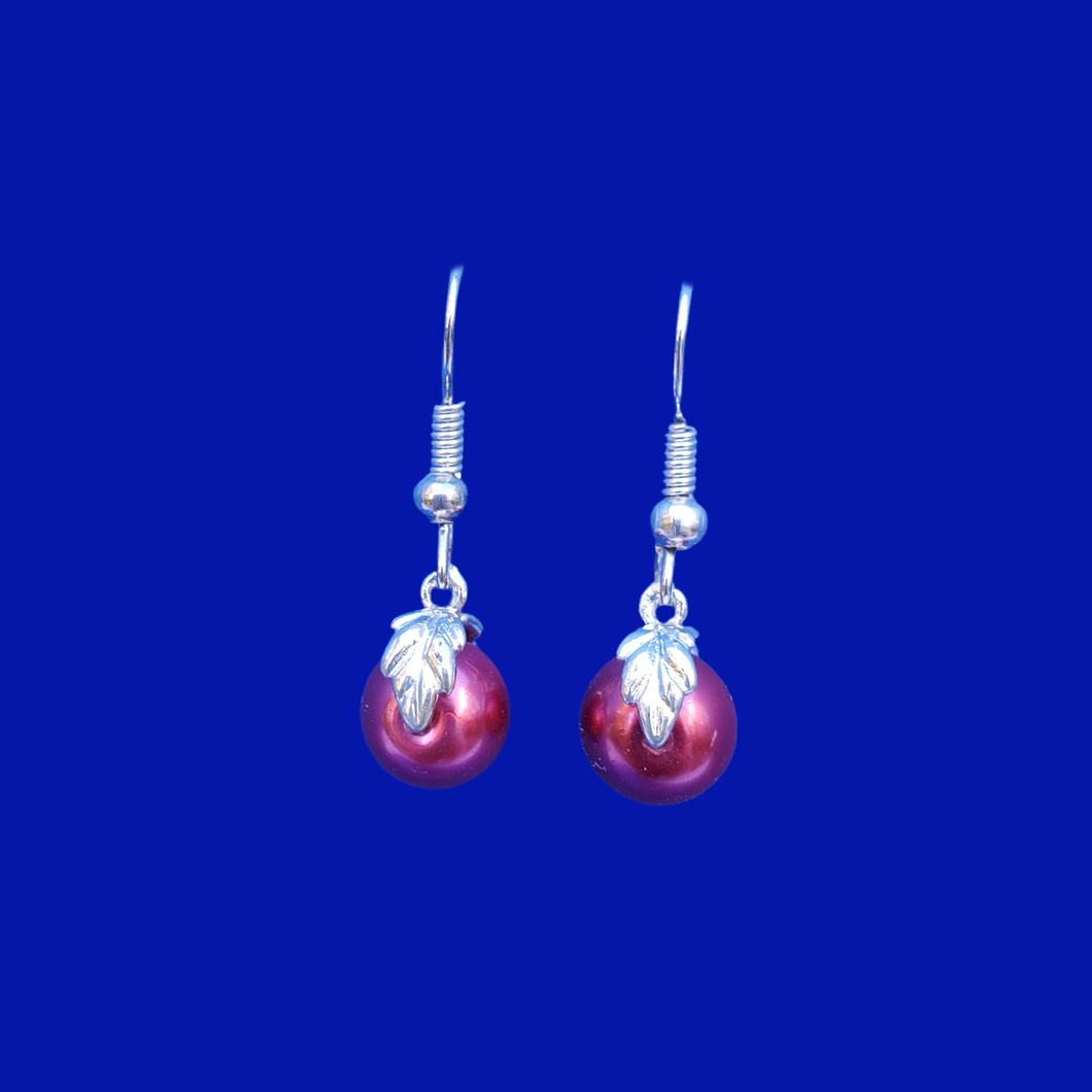 handmade pair of leaf accented pearl drop earrings