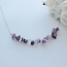 Load image into Gallery viewer, Handmade amethyst chip bar necklace, shades of purple - Amethyst Necklace - Bar Necklace - Necklaces