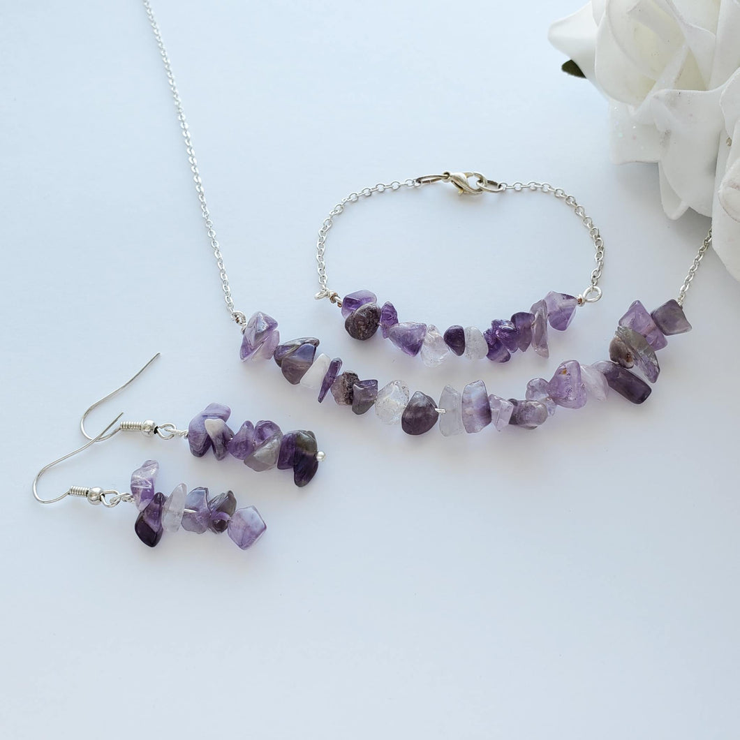 A handmade amethyst chip bar necklace accompanied by a matching bracelet and a pair of dangle earrings. shades of purple - Jewelry Sets - Amethyst Jewelry Set - Necklace Set - EMF Protection